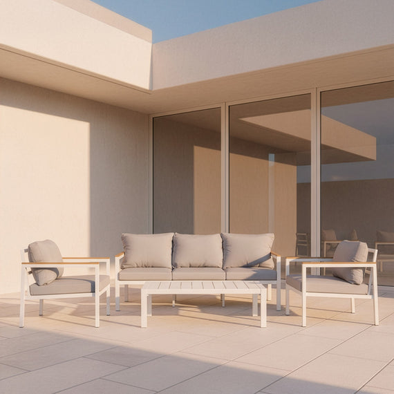 Set exterior sofás 3 plazas + sillones + mesa blanco